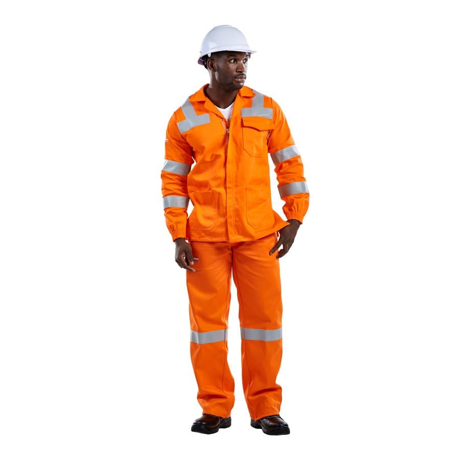 Man in an orange reflective two-piece suit and white hard hat