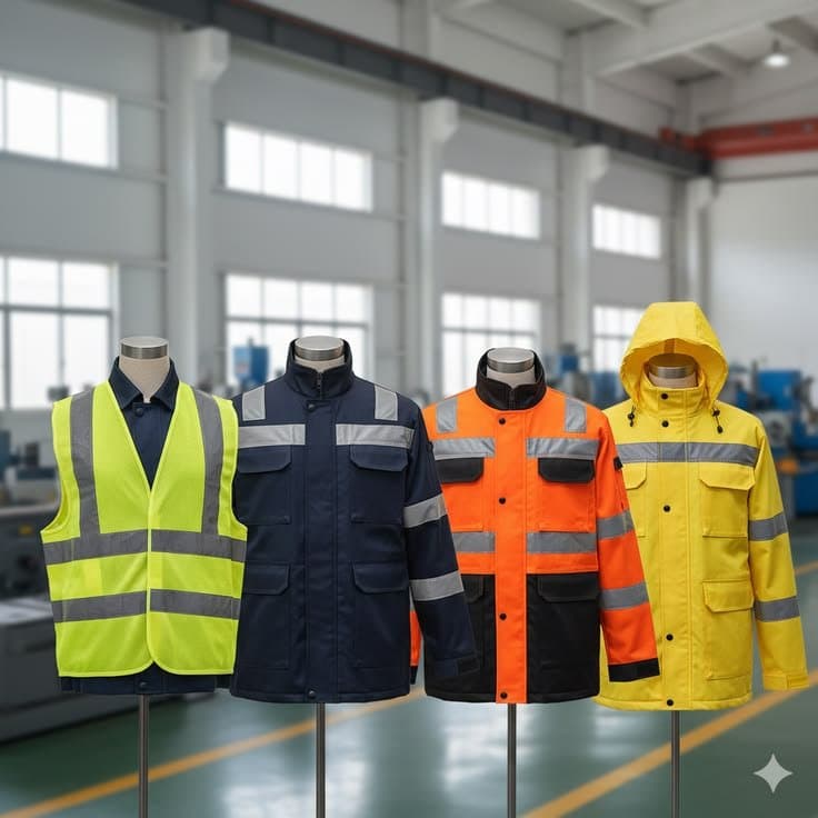 Hi-vis vest and reflective jackets displayed on mannequins