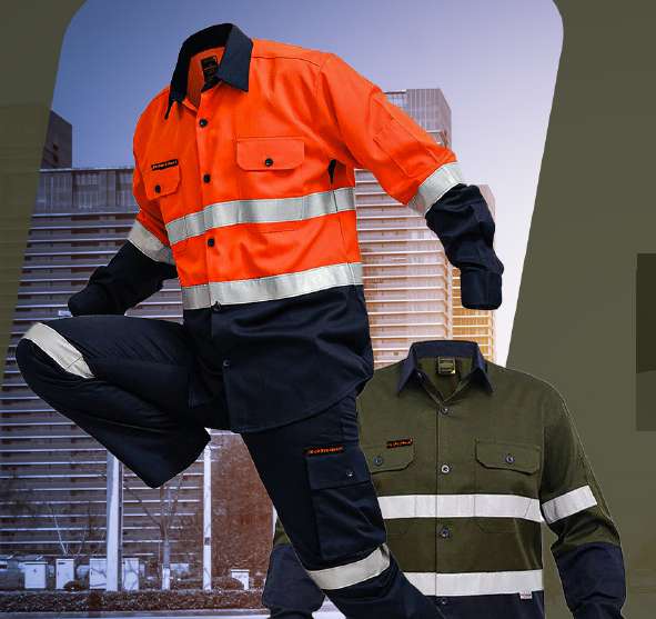 Orange and navy reflective work shirt and trousers beside an olive reflective shirt