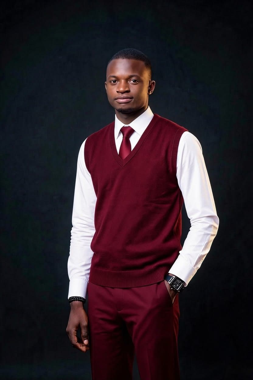Student in a maroon knitted vest, white shirt and tie
